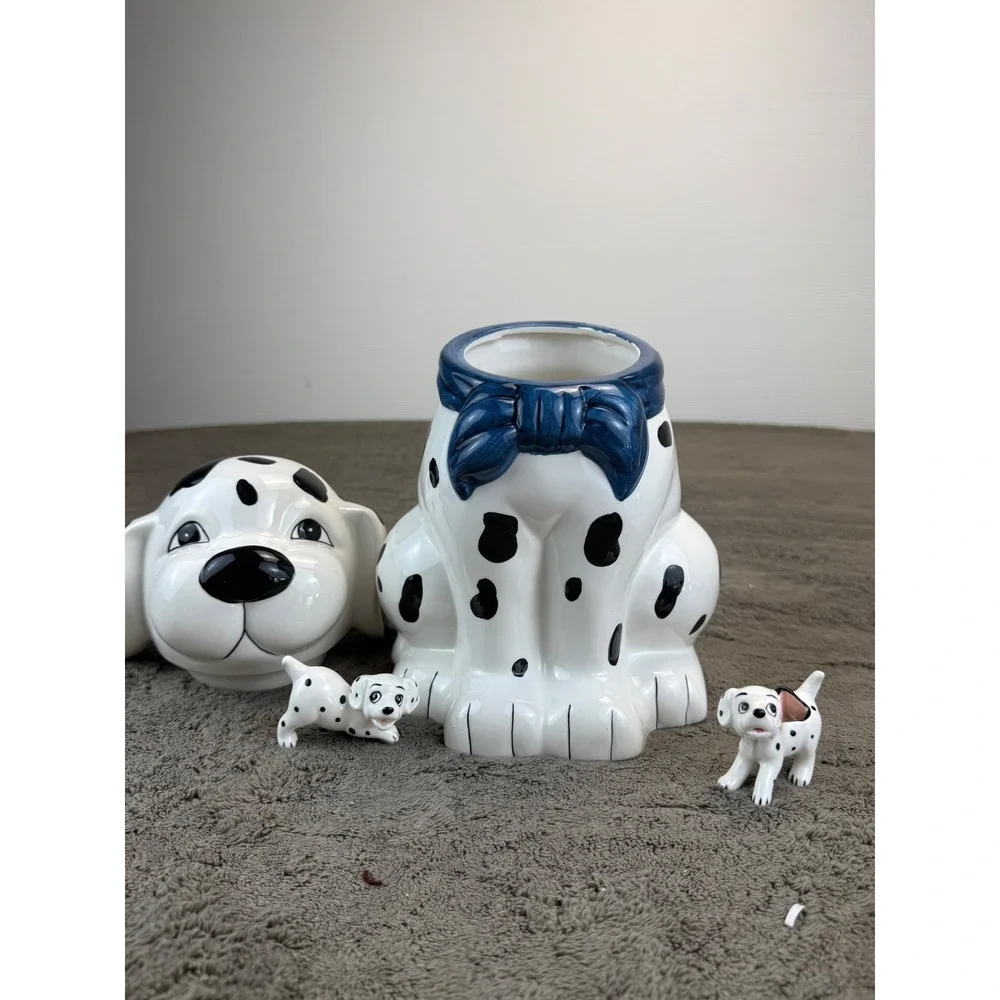 Vintage Dalmatian Ceramic Cookie Jar with‎ 2 Puppy Figurines Blue Bow Set